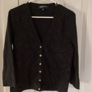 Jones New York Signature Black Cardigan with Gold Buttons and lace overlay
